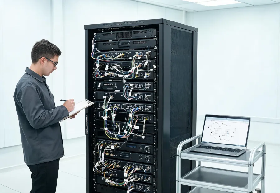 Technician documenting audio rack wiring