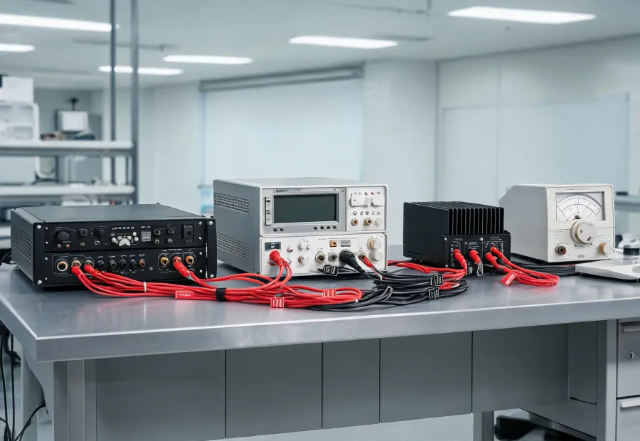 Audio measurement bench with analyzer and amplifier