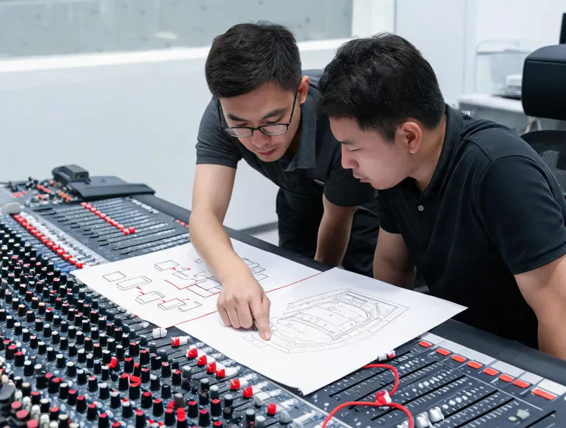 Professional audio system consultation at a mixing desk